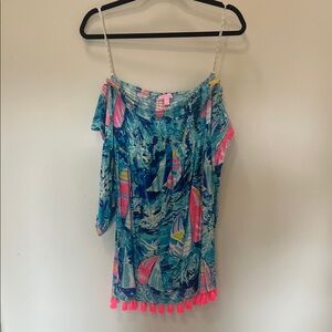 Lilly Pulitzer Vibrant Blue and Pink off the shoulder mini dress